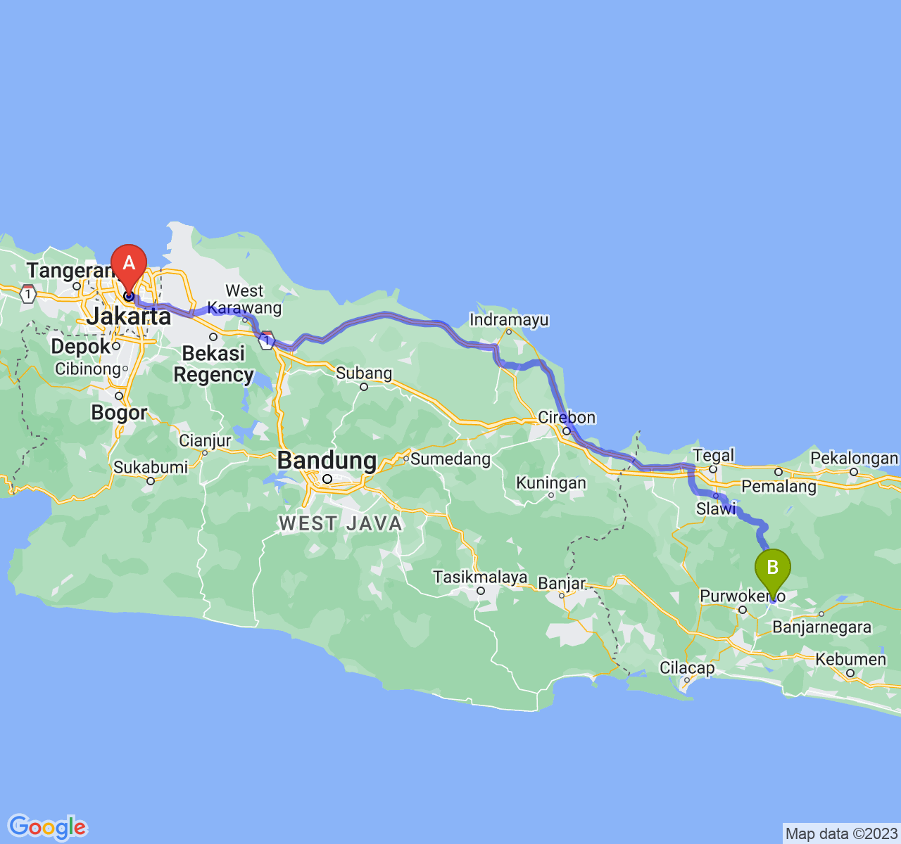 perjalanan dengan rute Jakarta-Kab. Purbalingga