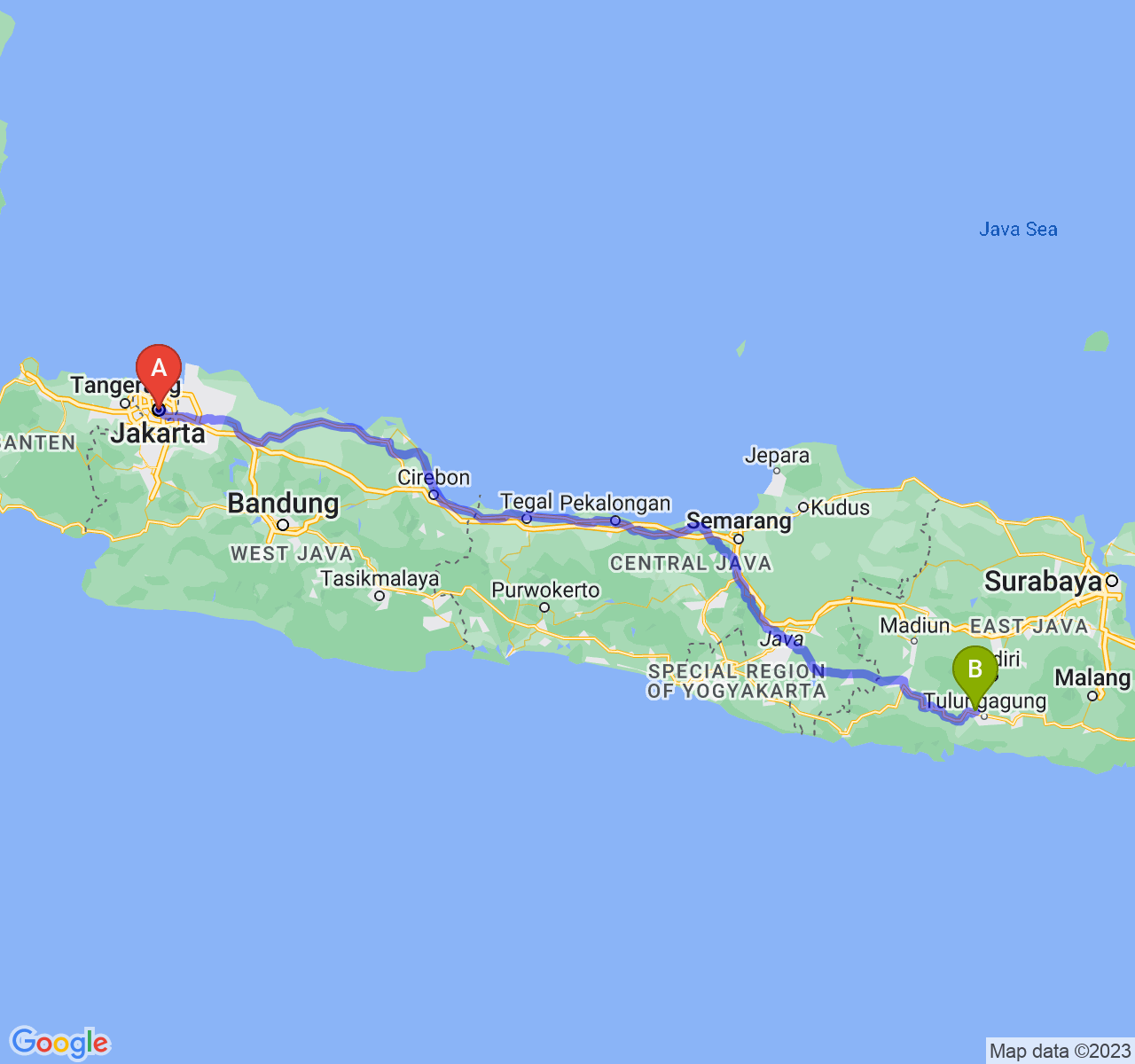 perjalanan dengan rute Jakarta-Kab. Tulungagung