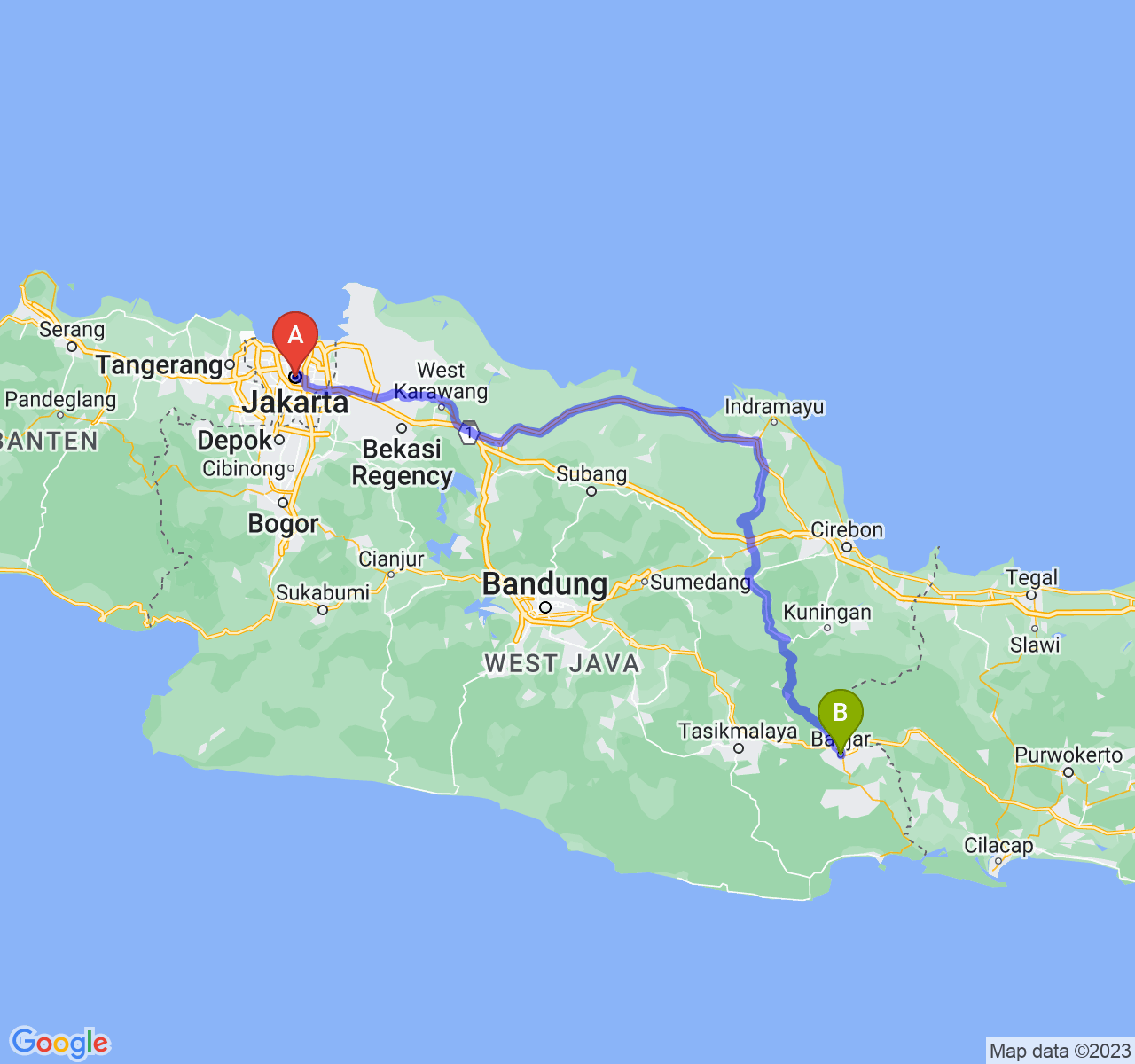 perjalanan dengan rute Jakarta-Kota Banjar