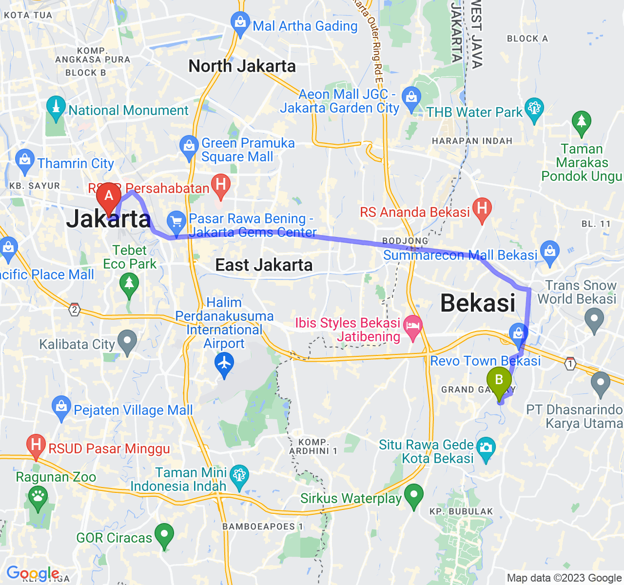 perjalanan dengan rute Jakarta-Kota Bekasi