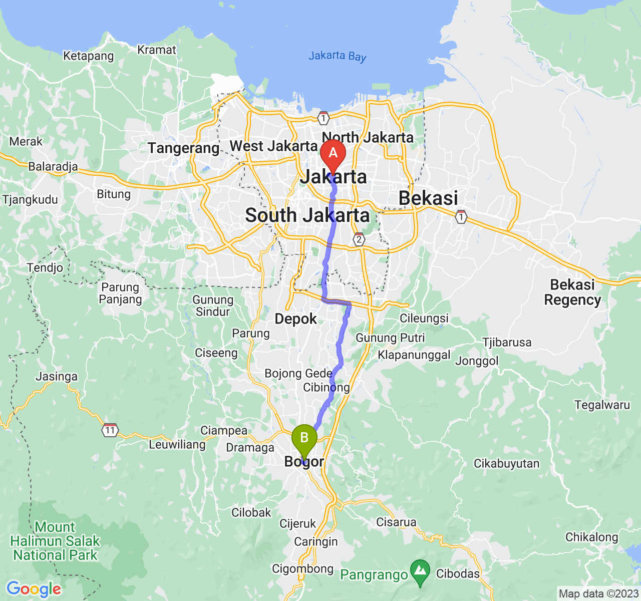 perjalanan dengan rute Jakarta-Kota Bogor