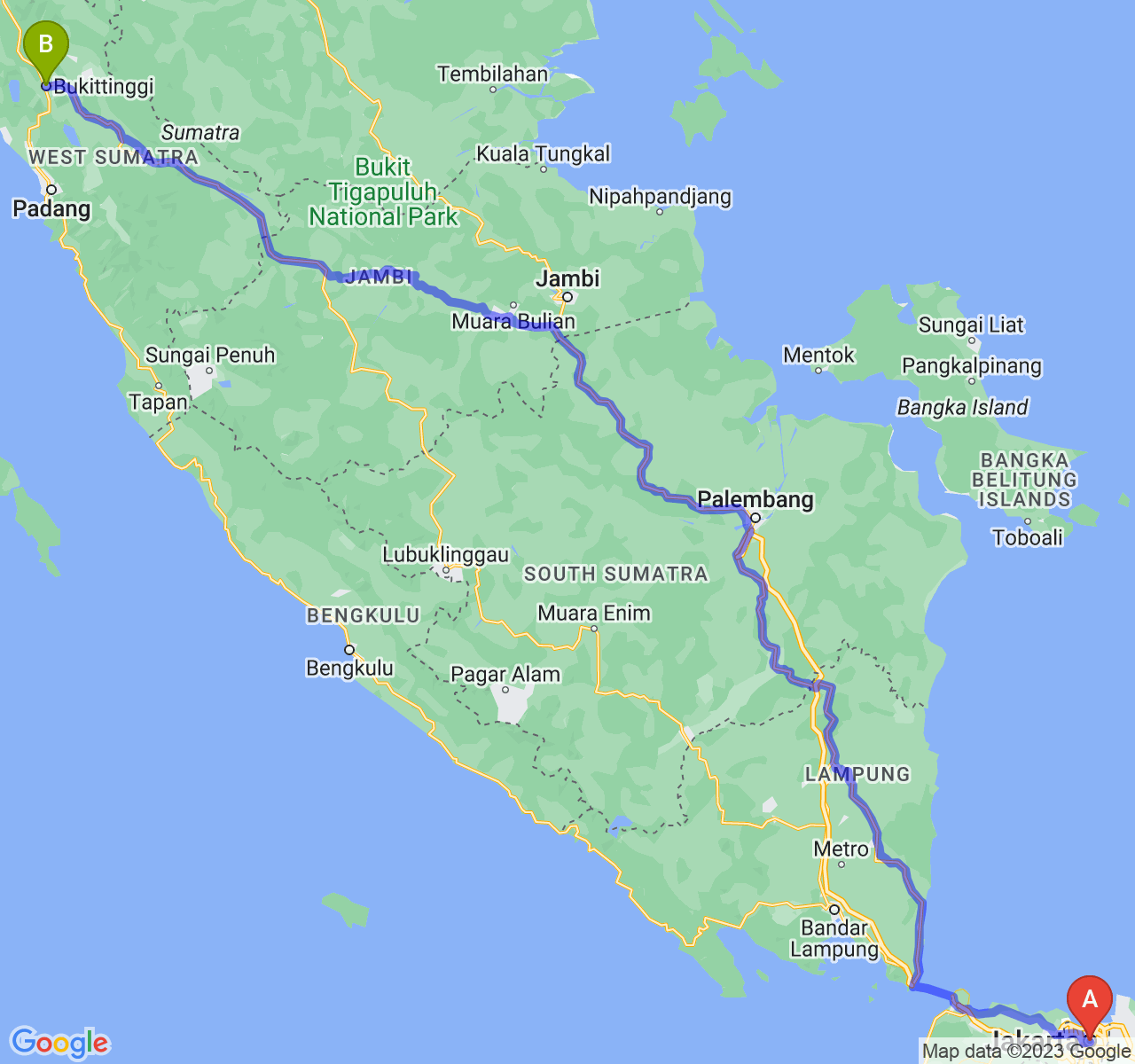 perjalanan dengan rute Jakarta-Kota Bukittinggi