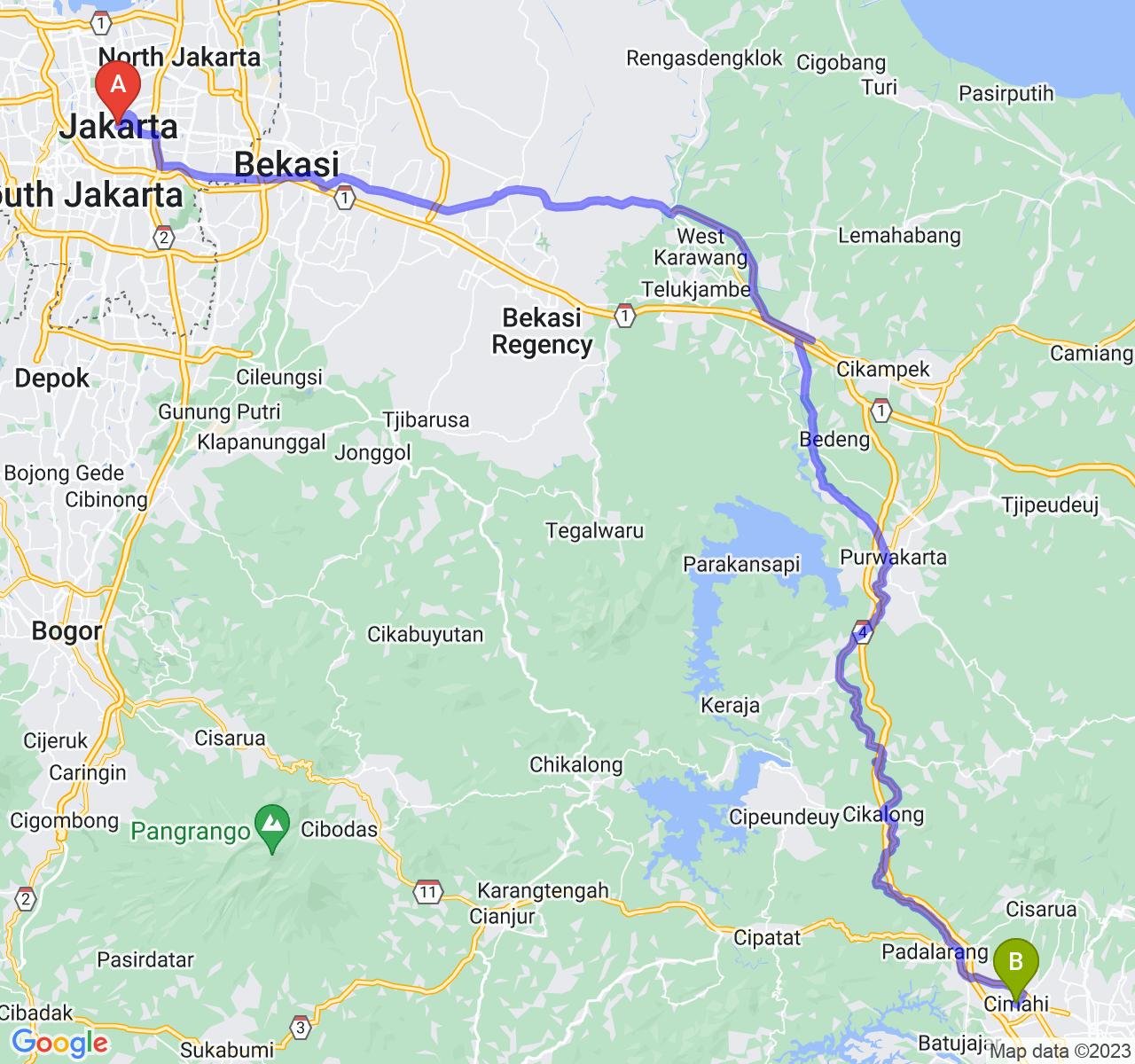perjalanan dengan rute Jakarta-Kota Cimahi