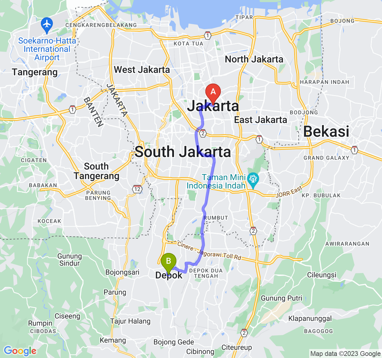 perjalanan dengan rute Jakarta-Kota Depok