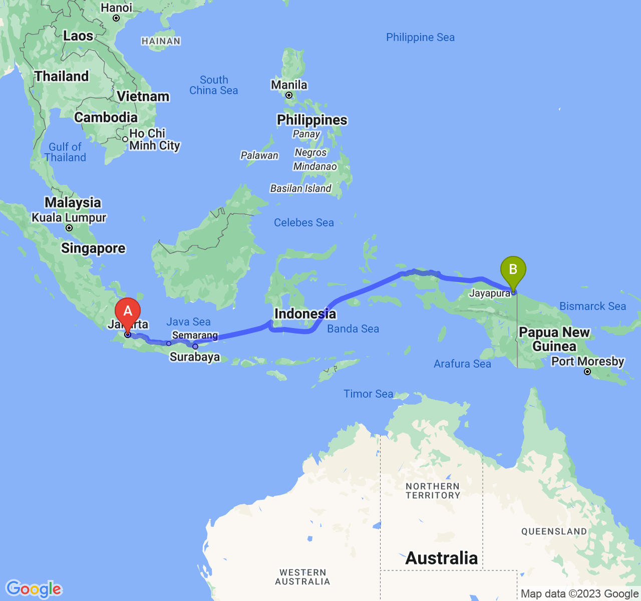 perjalanan dengan rute Jakarta-Kota Jayapura