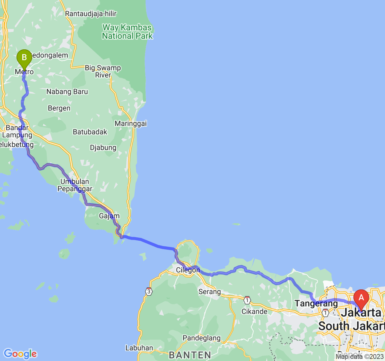 perjalanan dengan rute Jakarta-Kota Metro