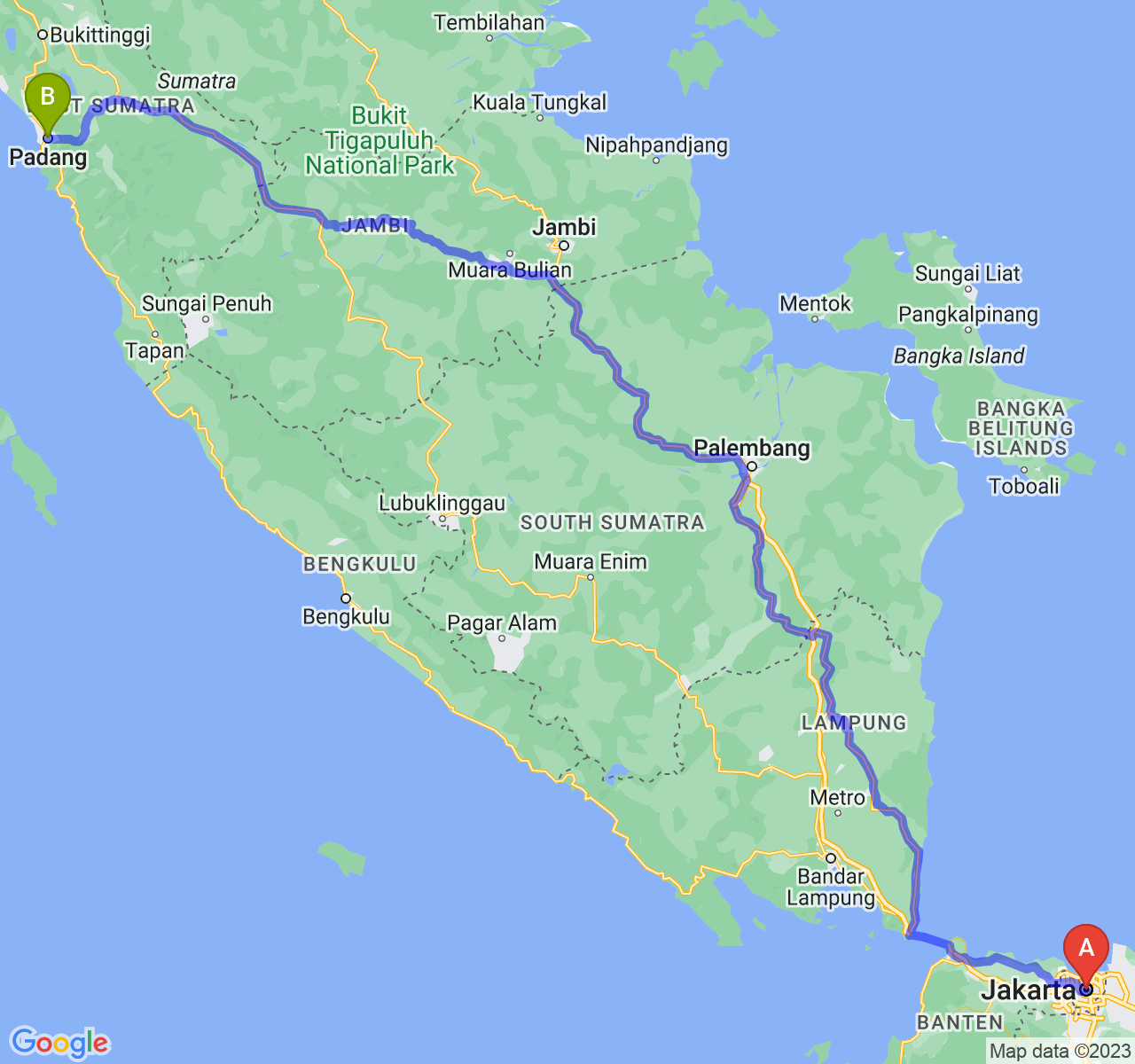 perjalanan dengan rute Jakarta-Kota Padang