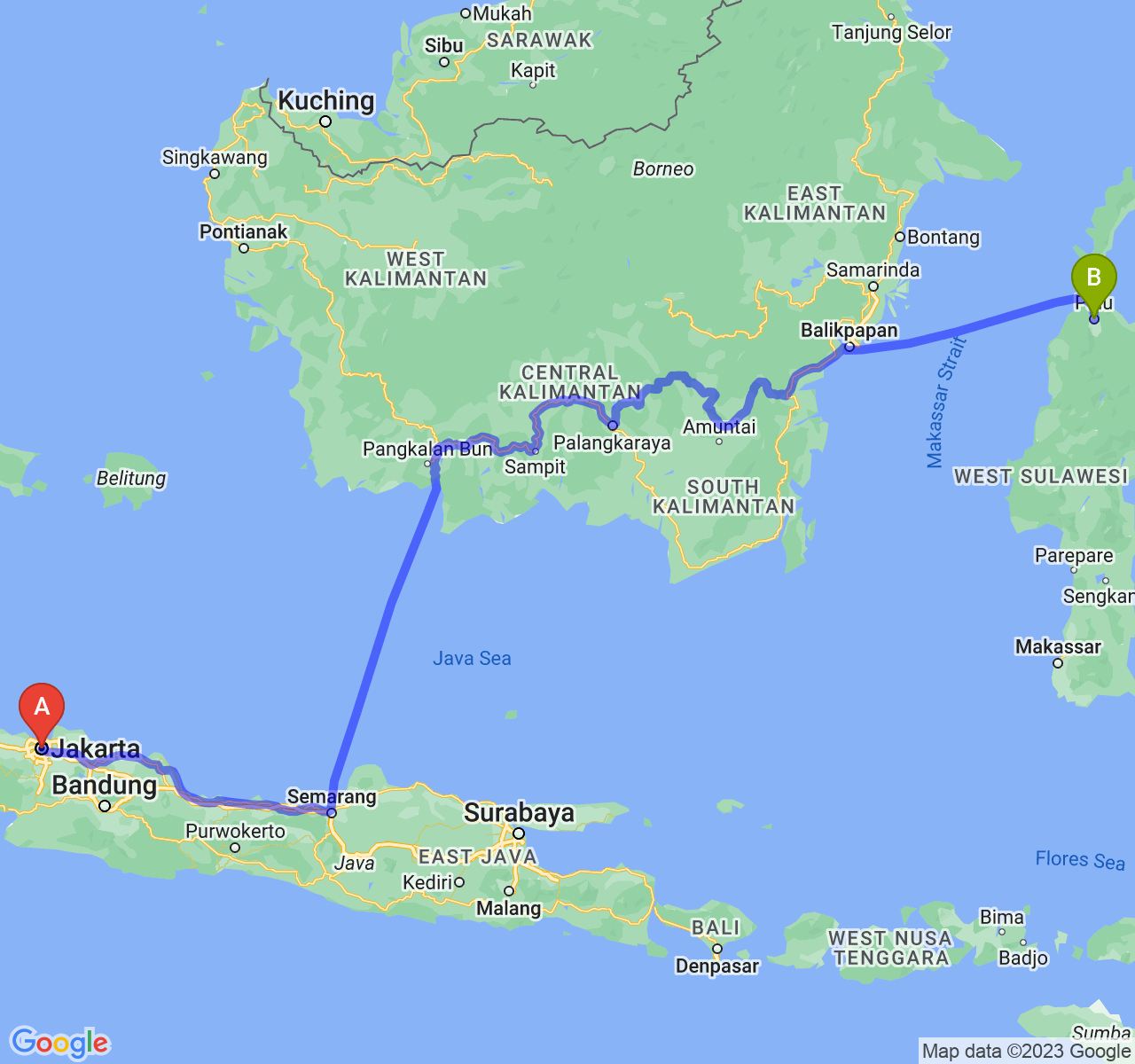 perjalanan dengan rute Jakarta-Kota Palu