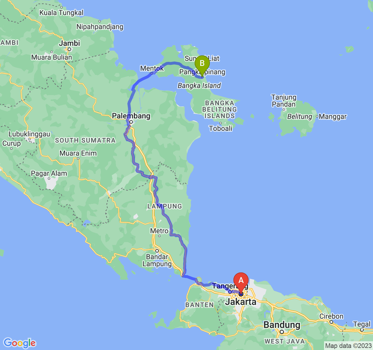 perjalanan dengan rute Jakarta-Kota Pangkalpinang