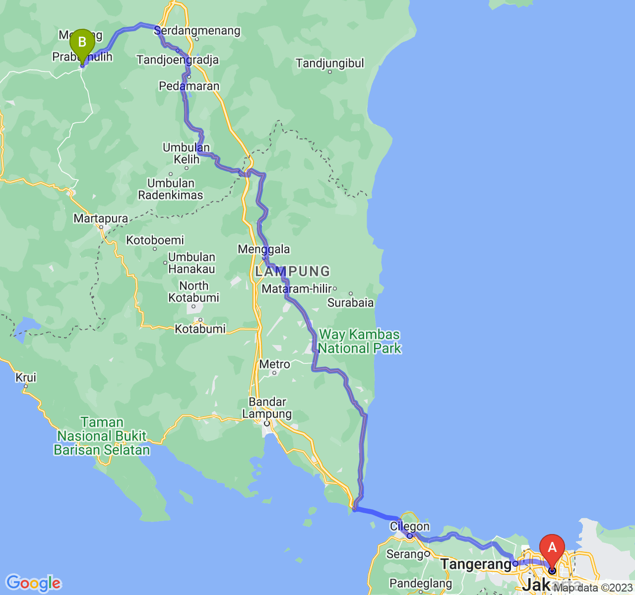 perjalanan dengan rute Jakarta-Kota Prabumulih