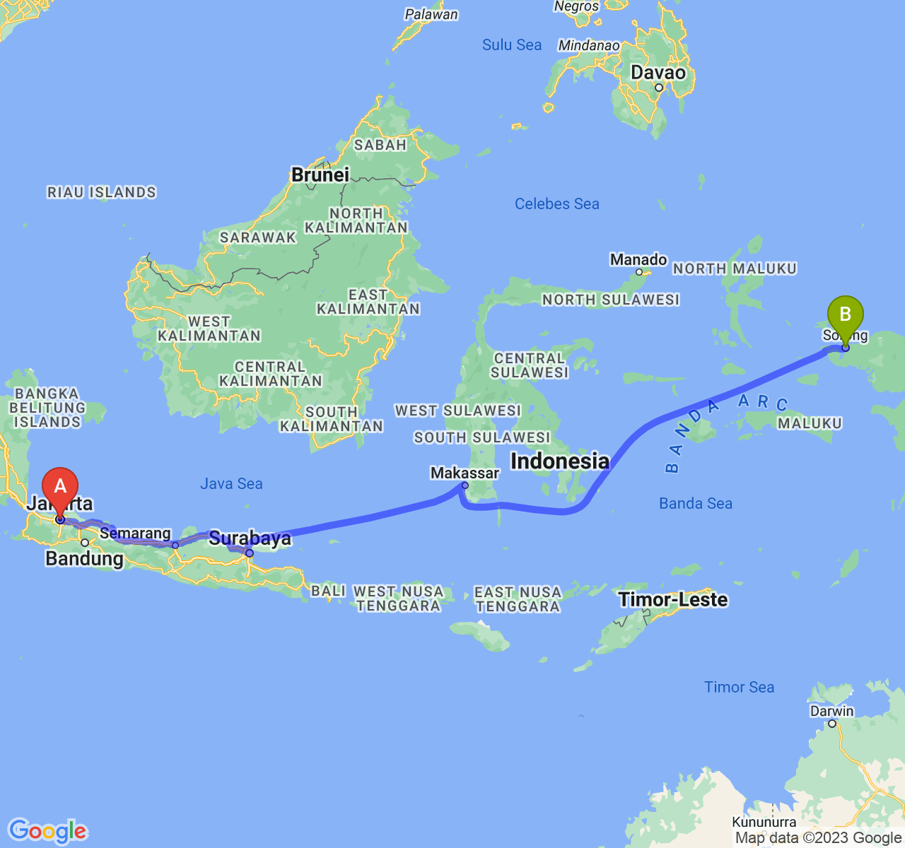 perjalanan dengan rute Jakarta-Kota Sorong