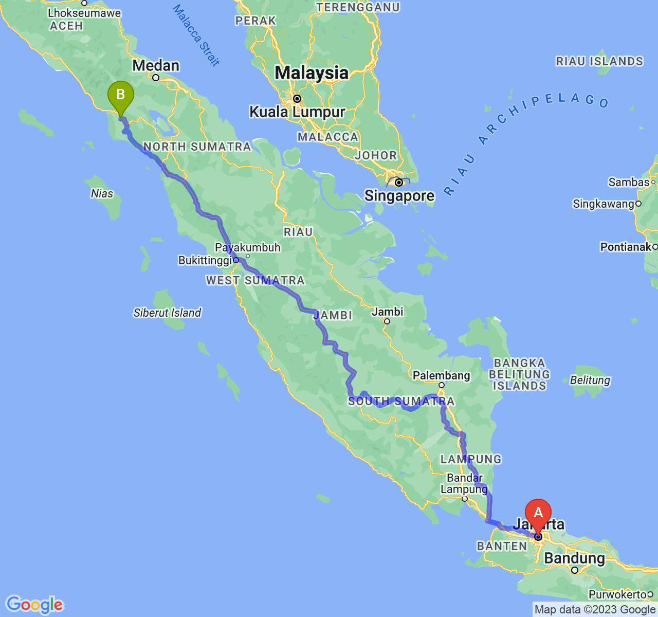 perjalanan dengan rute Jakarta-Kota Subulussalam