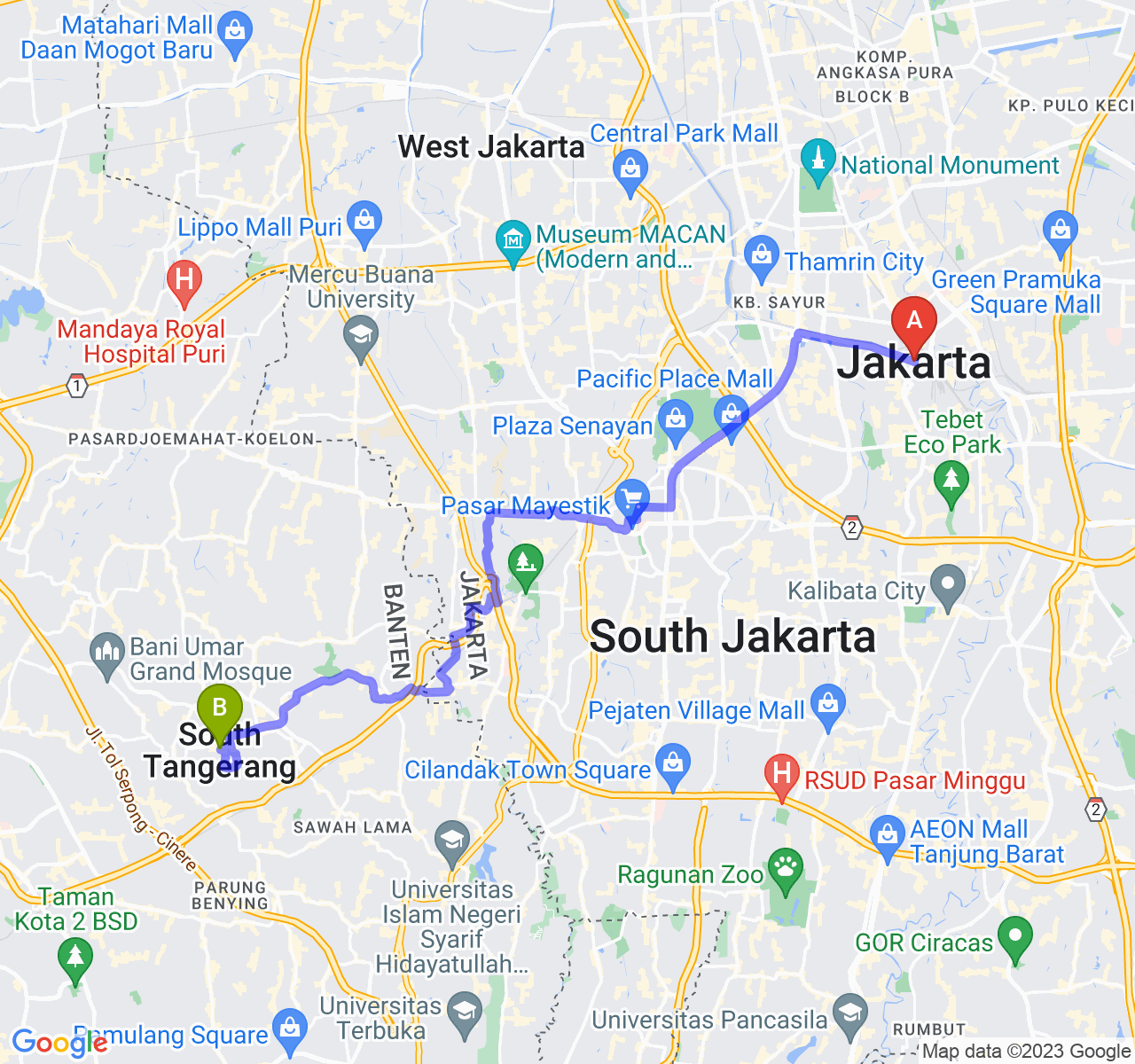 perjalanan dengan rute Jakarta-Kota Tangerang Selatan