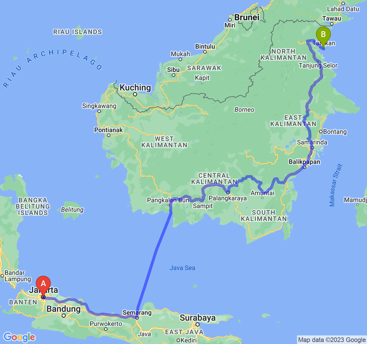 perjalanan dengan rute Jakarta-Kota Tarakan