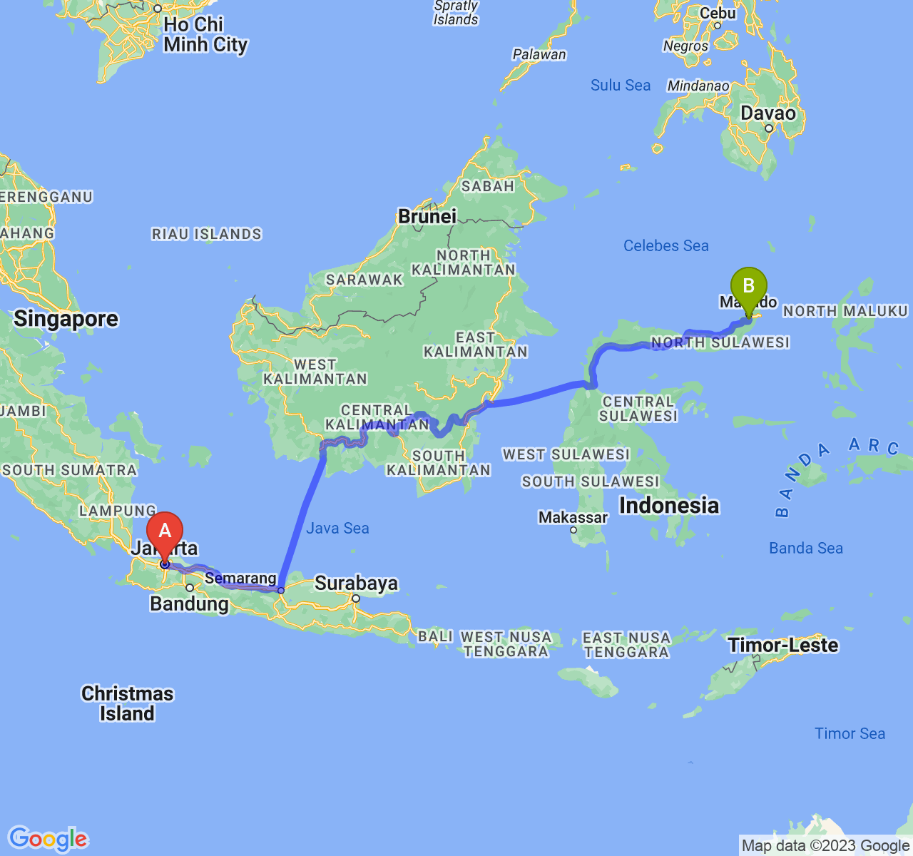 perjalanan dengan rute Jakarta-Kota Tomohon