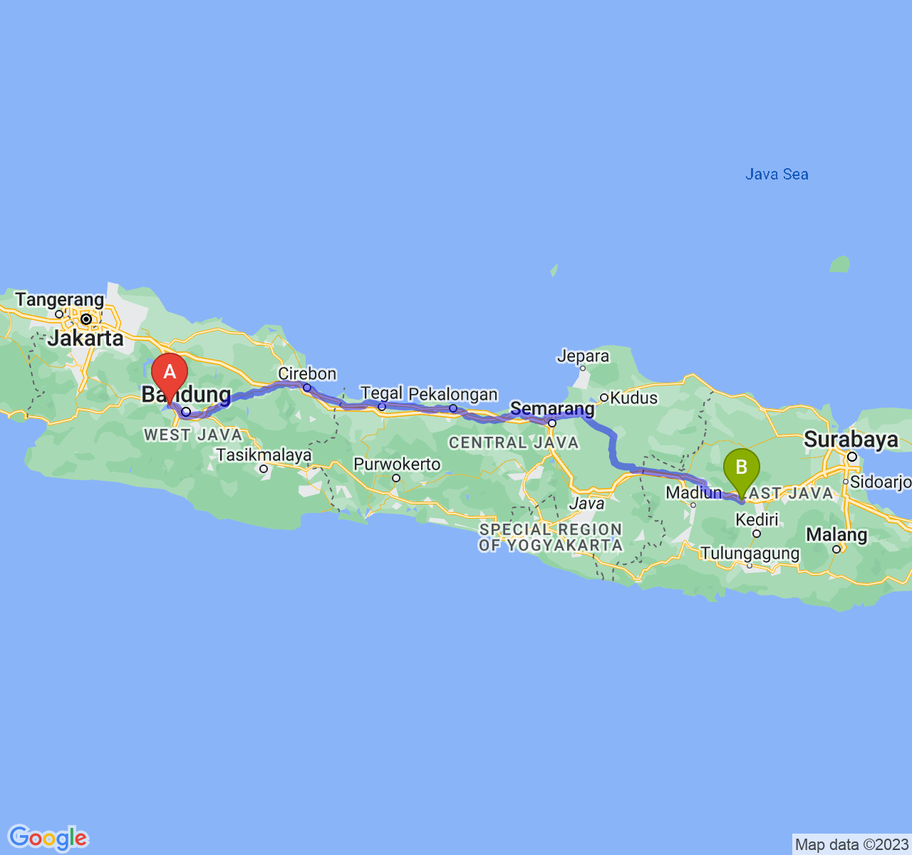 perjalanan dengan rute Kab. Bandung Barat-Kab. Nganjuk