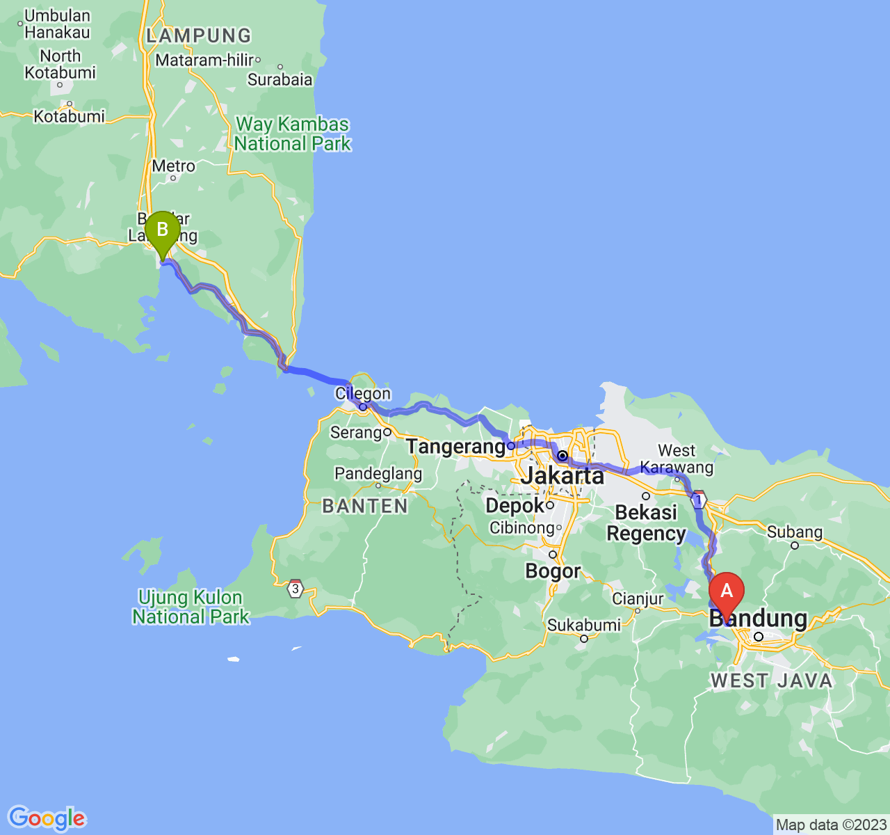 perjalanan dengan rute Kab. Bandung Barat-Kota Bandar Lampung