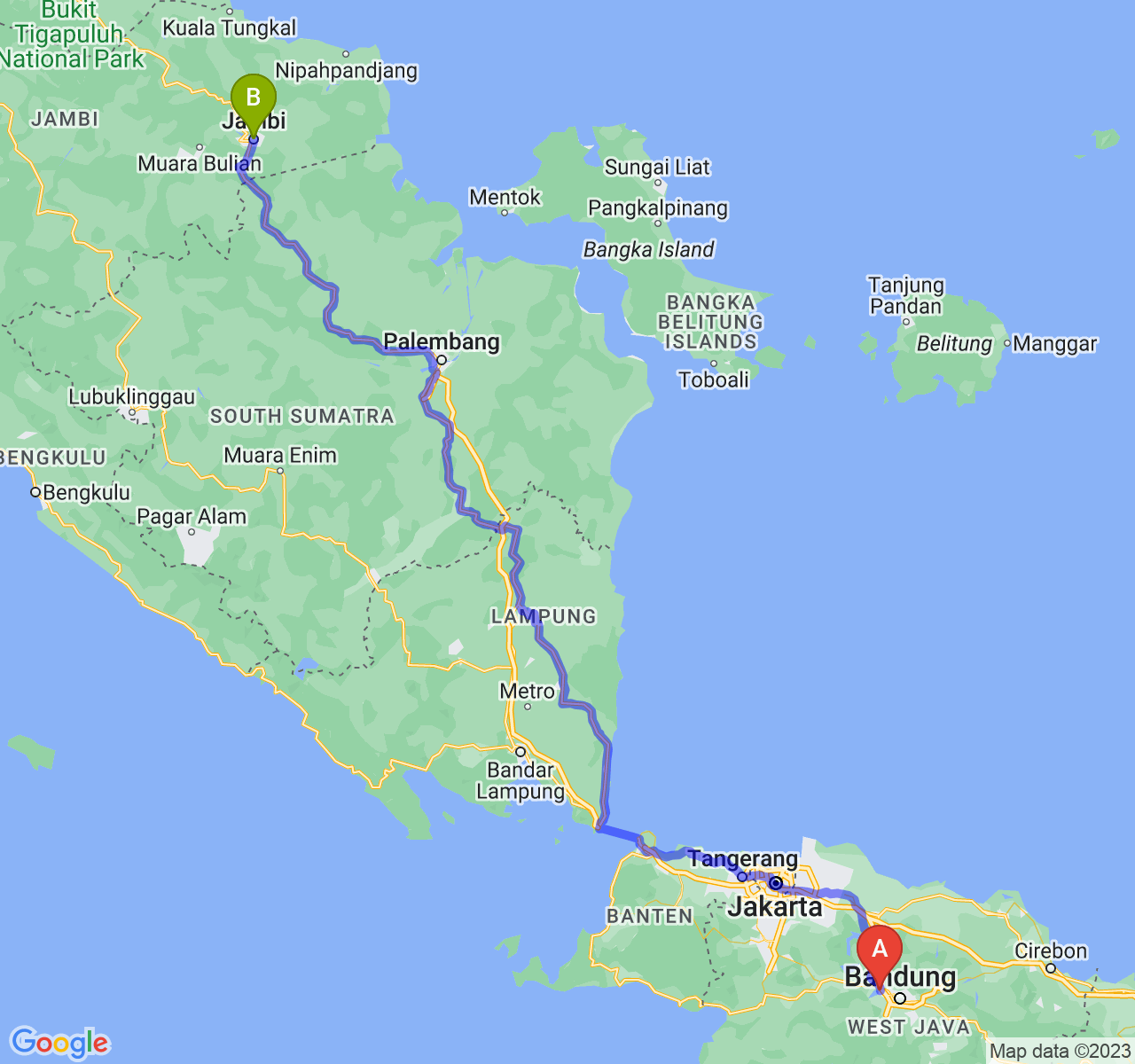 perjalanan dengan rute Kab. Bandung Barat-Kota Jambi