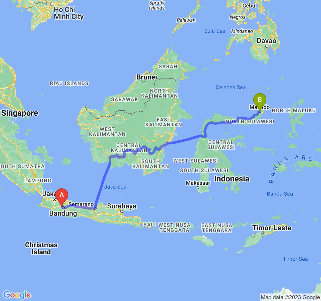 perjalanan dengan rute Kab. Bandung Barat-Kota Manado