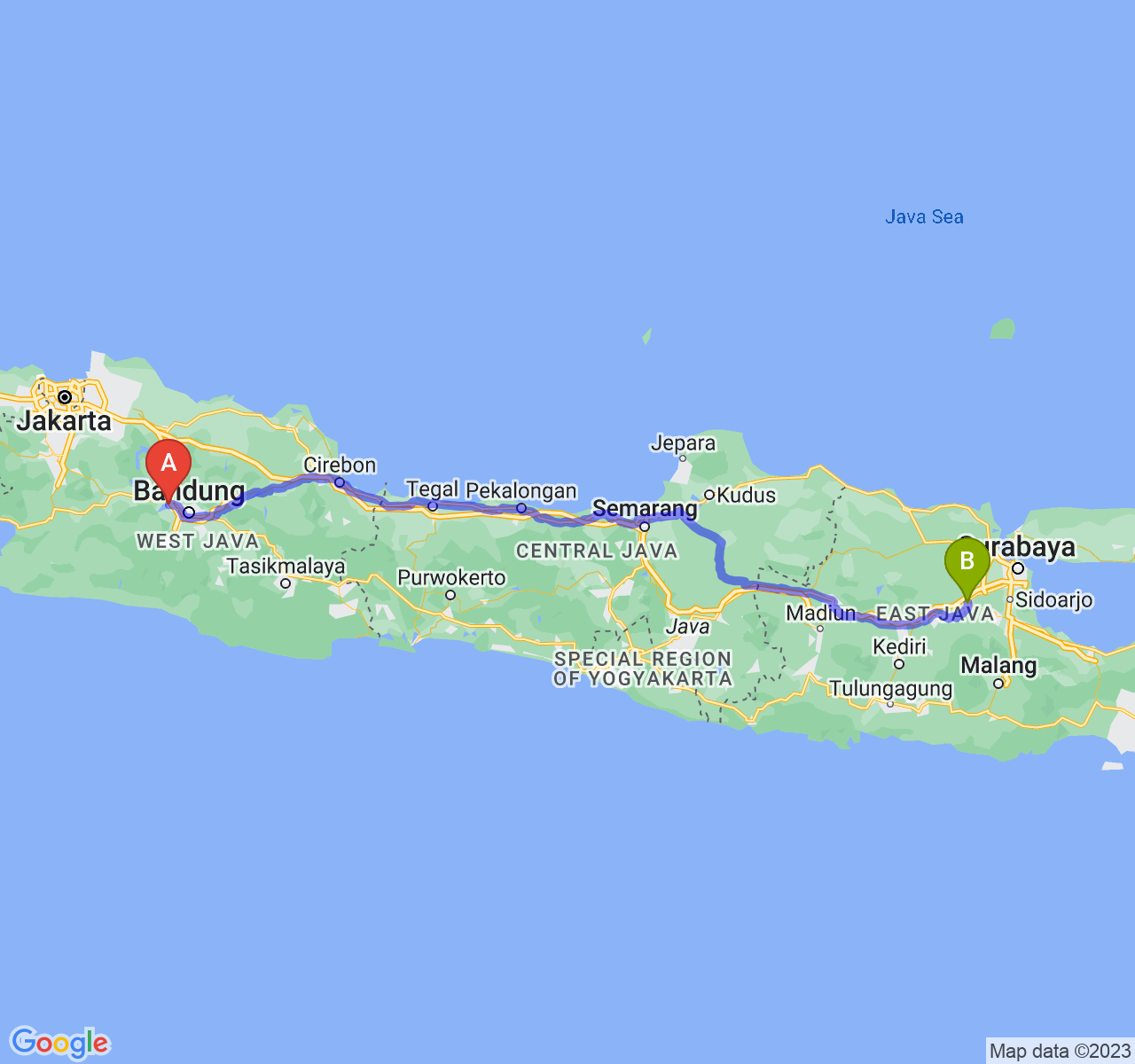 perjalanan dengan rute Kab. Bandung Barat-Kota Mojokerto