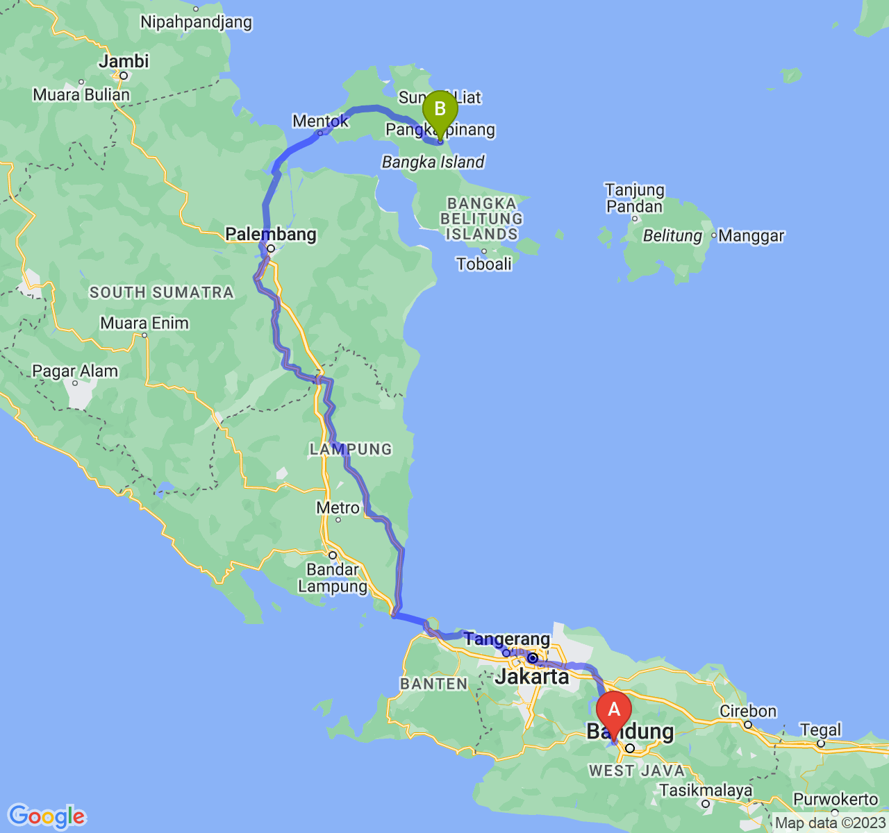 perjalanan dengan rute Kab. Bandung Barat-Kota Pangkalpinang