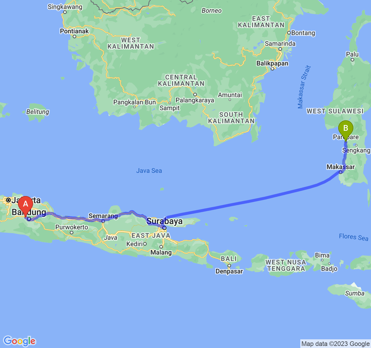 perjalanan dengan rute Kab. Bandung Barat-Kota Parepare