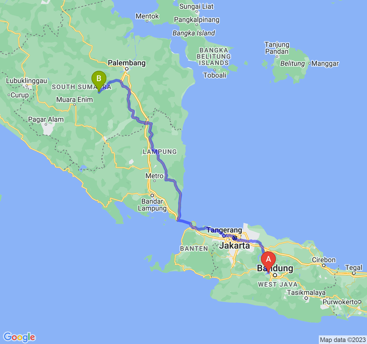 perjalanan dengan rute Kab. Bandung Barat-Kota Prabumulih