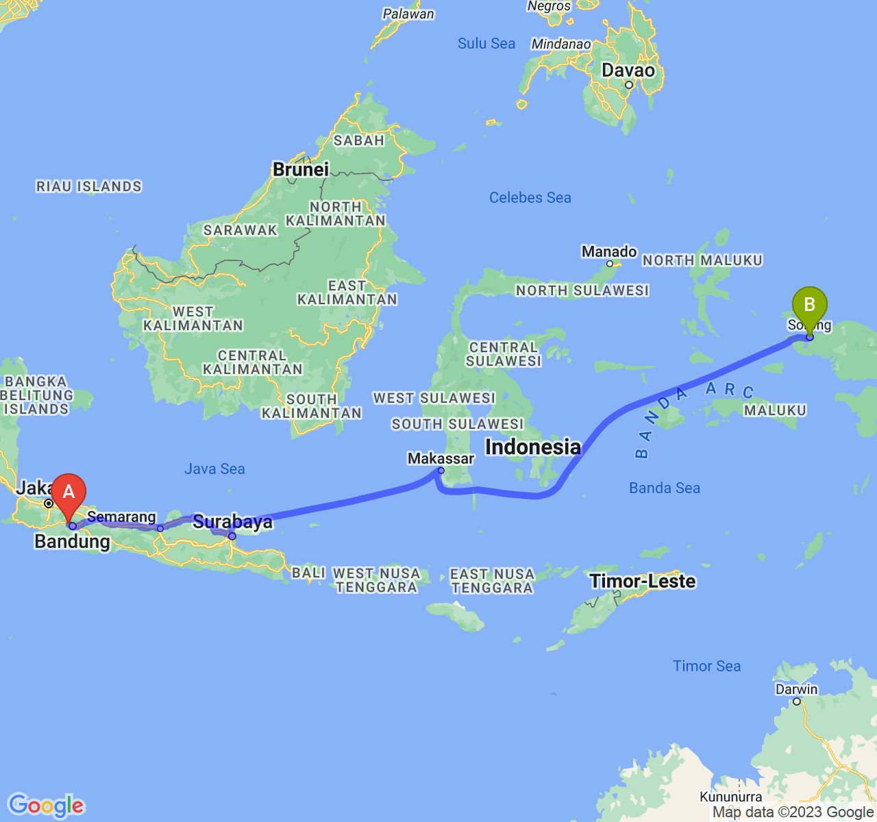 perjalanan dengan rute Kab. Bandung Barat-Kota Sorong