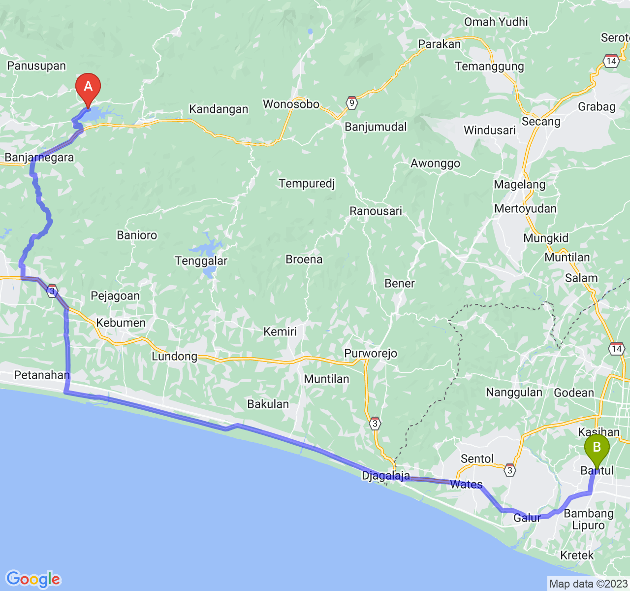 perjalanan dengan rute Kab. Banjarnegara-Kab. Bantul