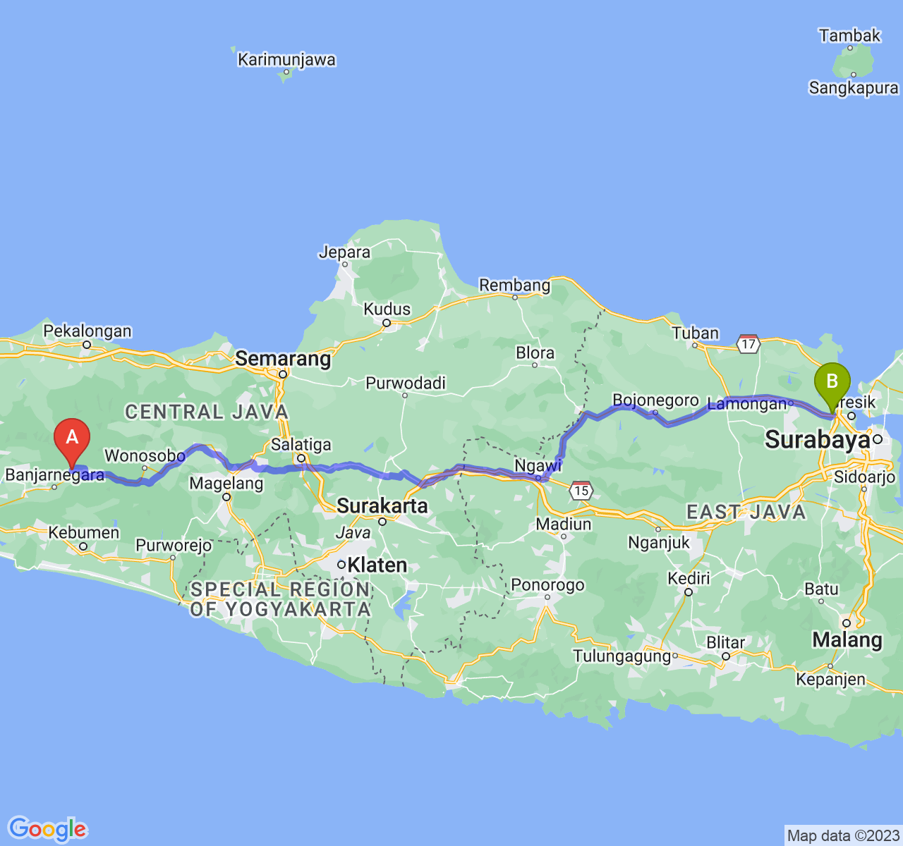 perjalanan dengan rute Kab. Banjarnegara-Kab. Gresik