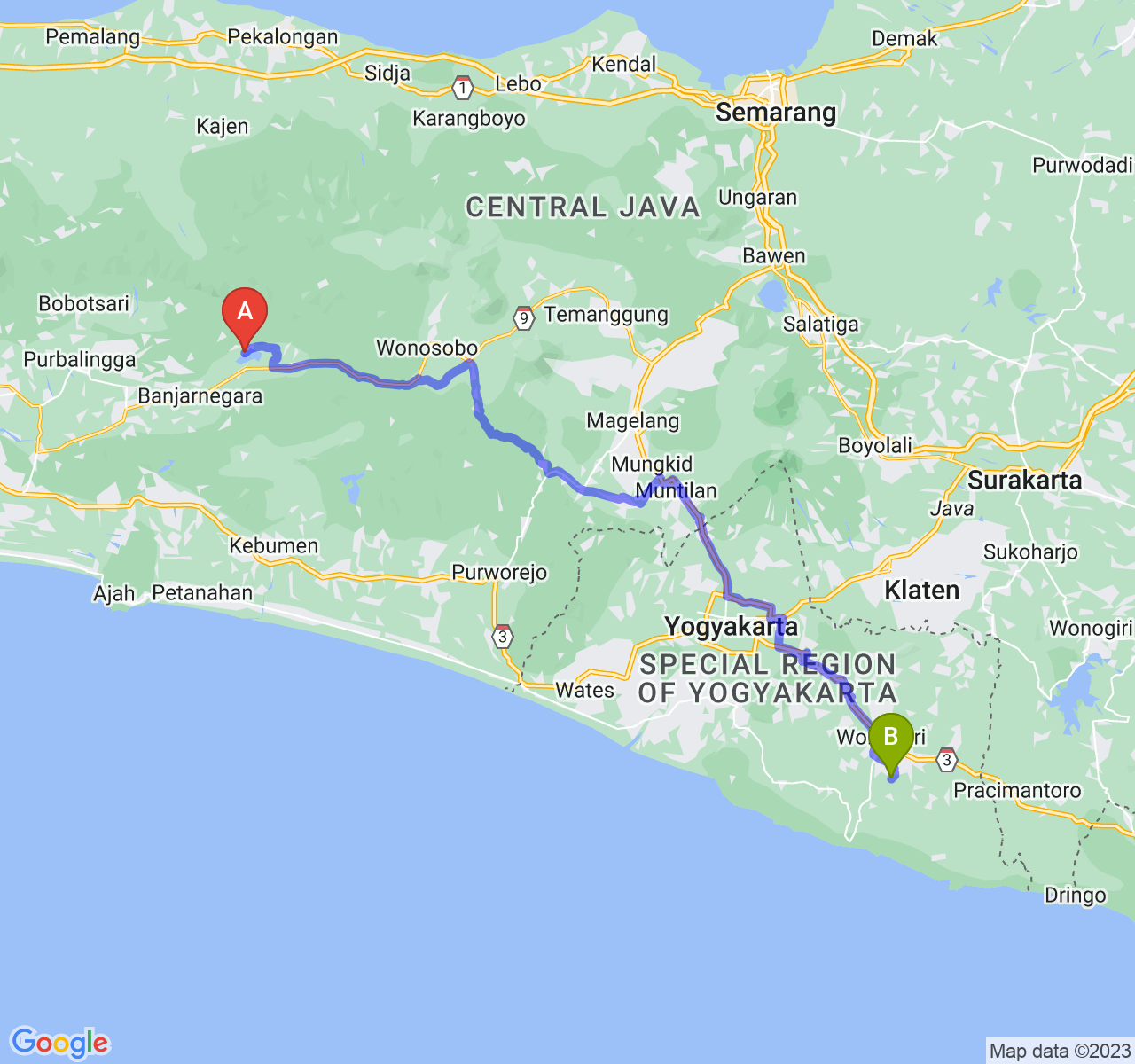 perjalanan dengan rute Kab. Banjarnegara-Kab. Gunung Kidul