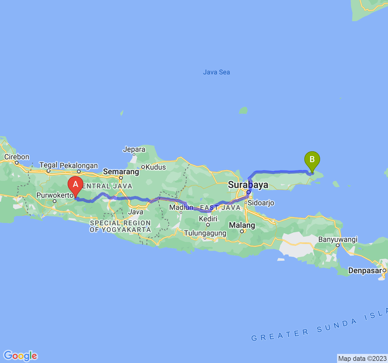 perjalanan dengan rute Kab. Banjarnegara-Kab. Sumenep