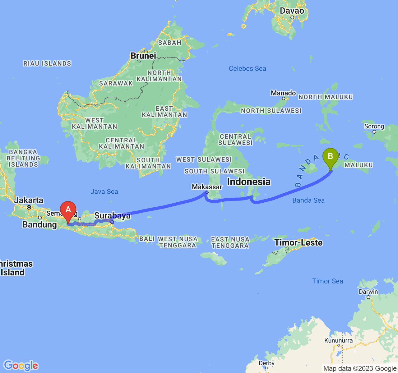 perjalanan dengan rute Kab. Banjarnegara-Kota Ambon