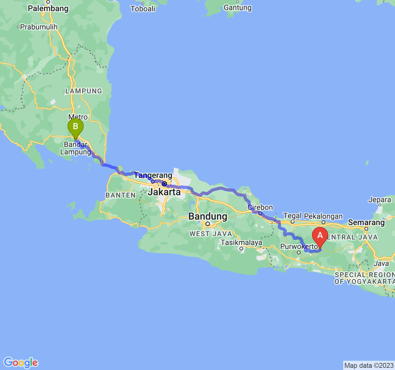 perjalanan dengan rute Kab. Banjarnegara-Kota Bandar Lampung