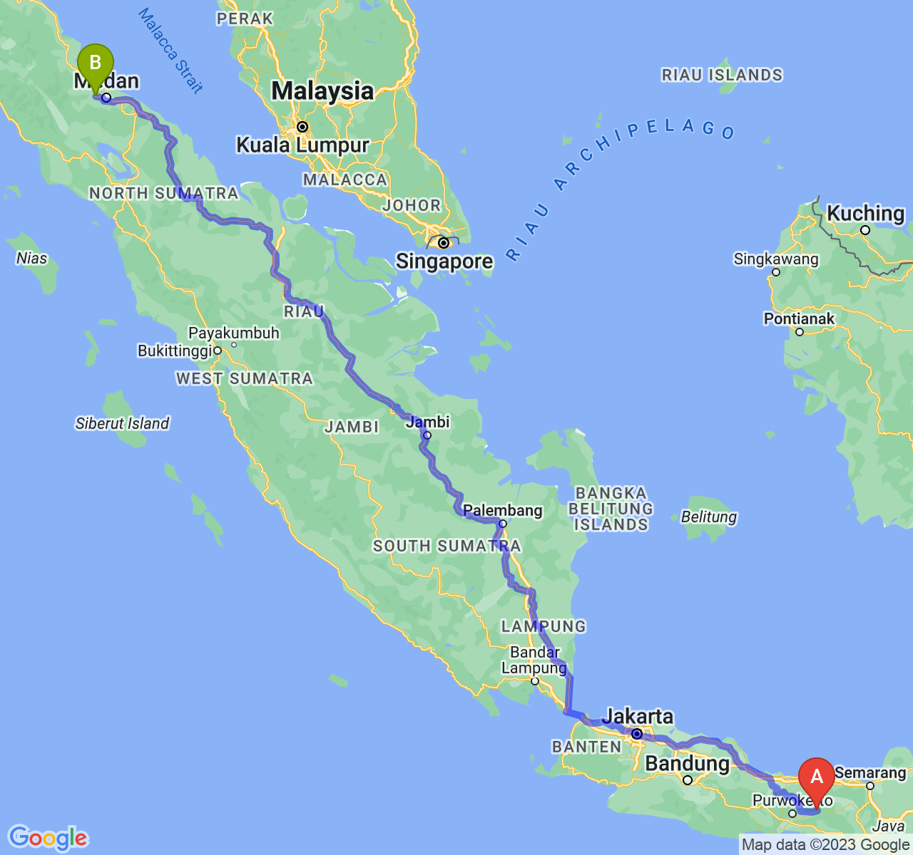 perjalanan dengan rute Kab. Banjarnegara-Kota Binjai