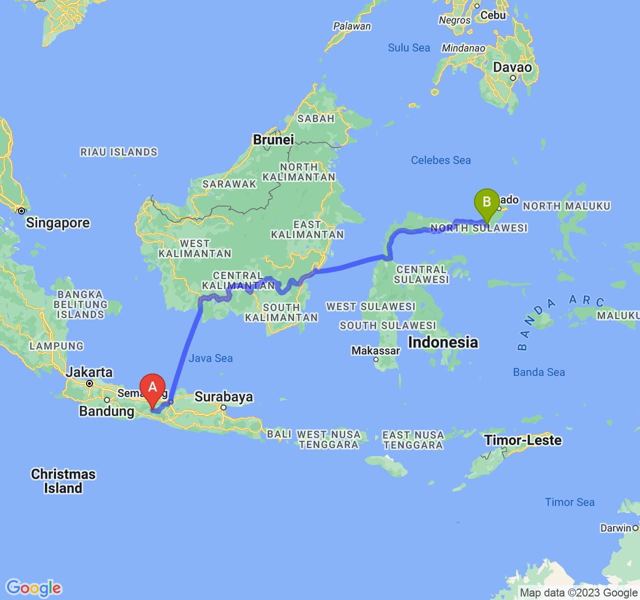 perjalanan dengan rute Kab. Banjarnegara-Kota Kotamobagu