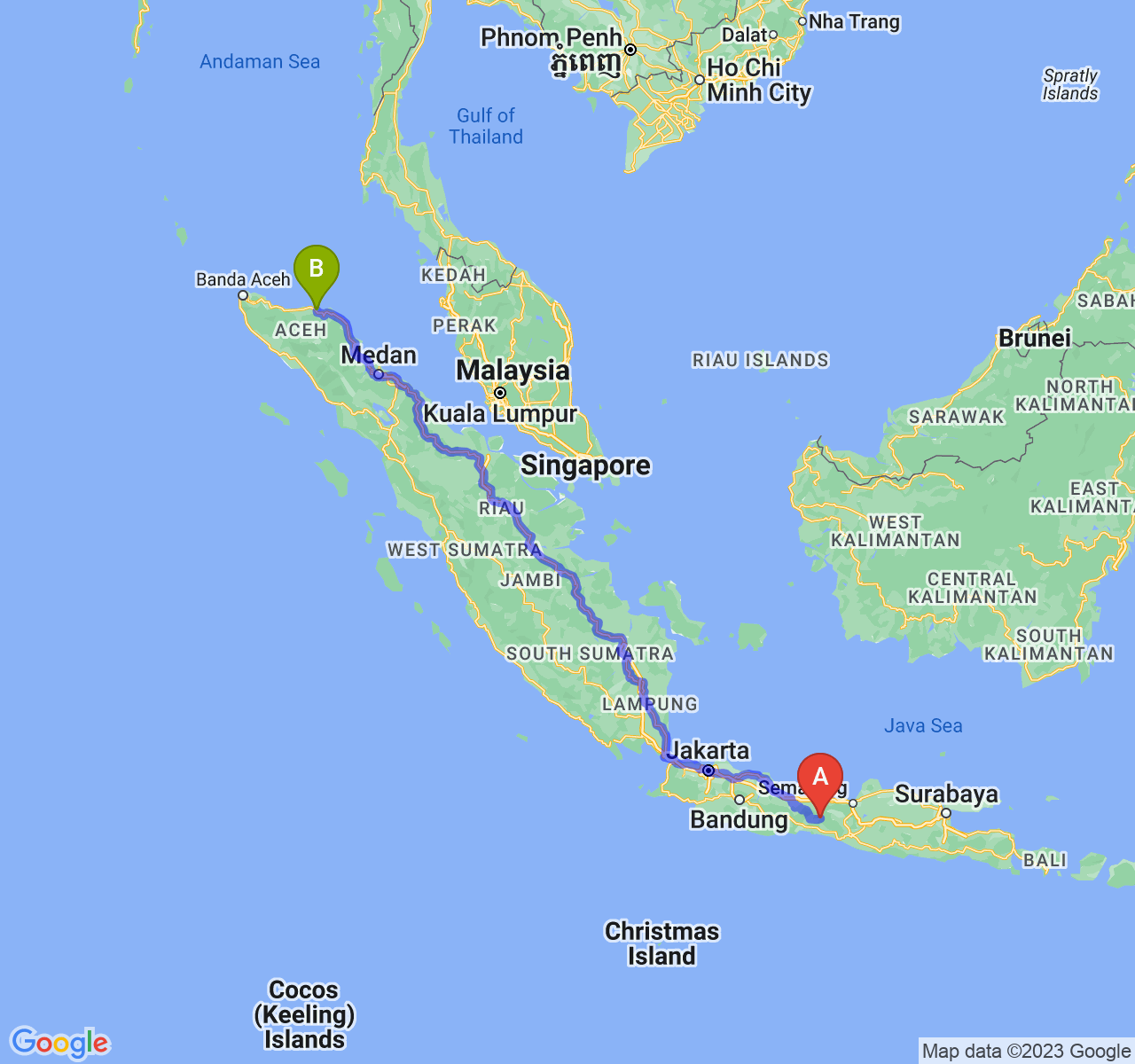 perjalanan dengan rute Kab. Banjarnegara-Kota Lhokseumawe