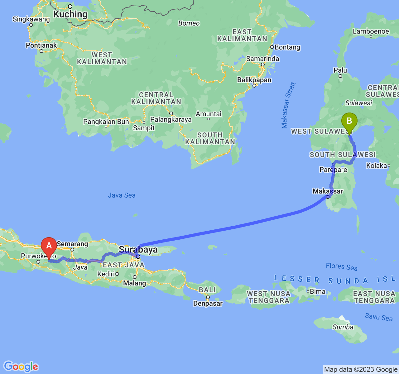 perjalanan dengan rute Kab. Banjarnegara-Kota Palopo