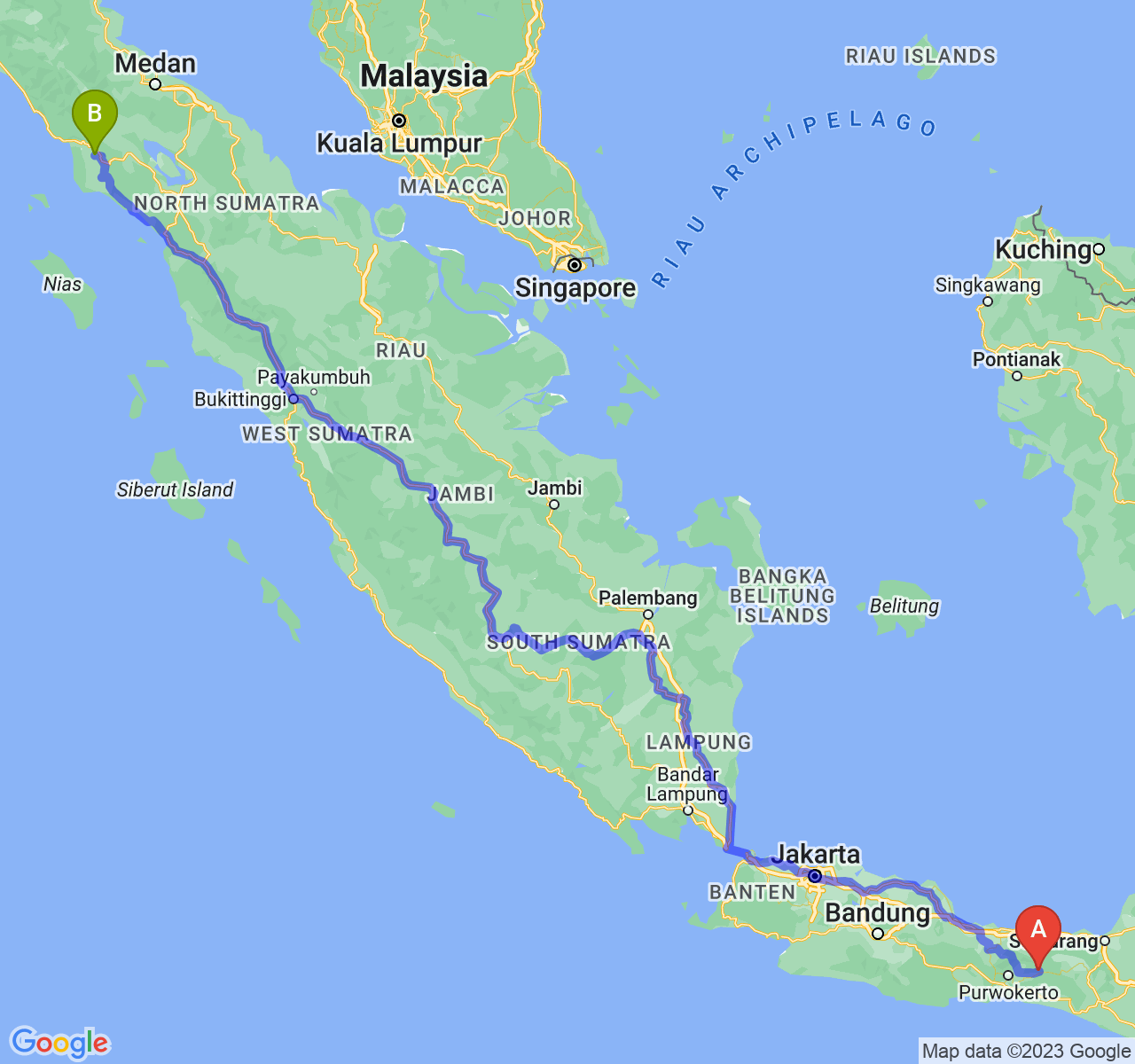 perjalanan dengan rute Kab. Banjarnegara-Kota Subulussalam