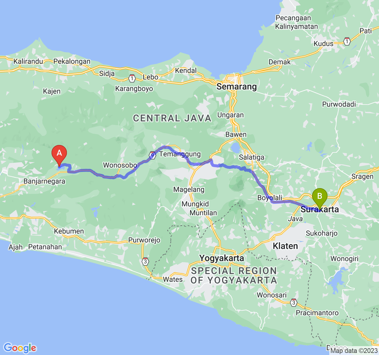 perjalanan dengan rute Kab. Banjarnegara-Kota Surakarta