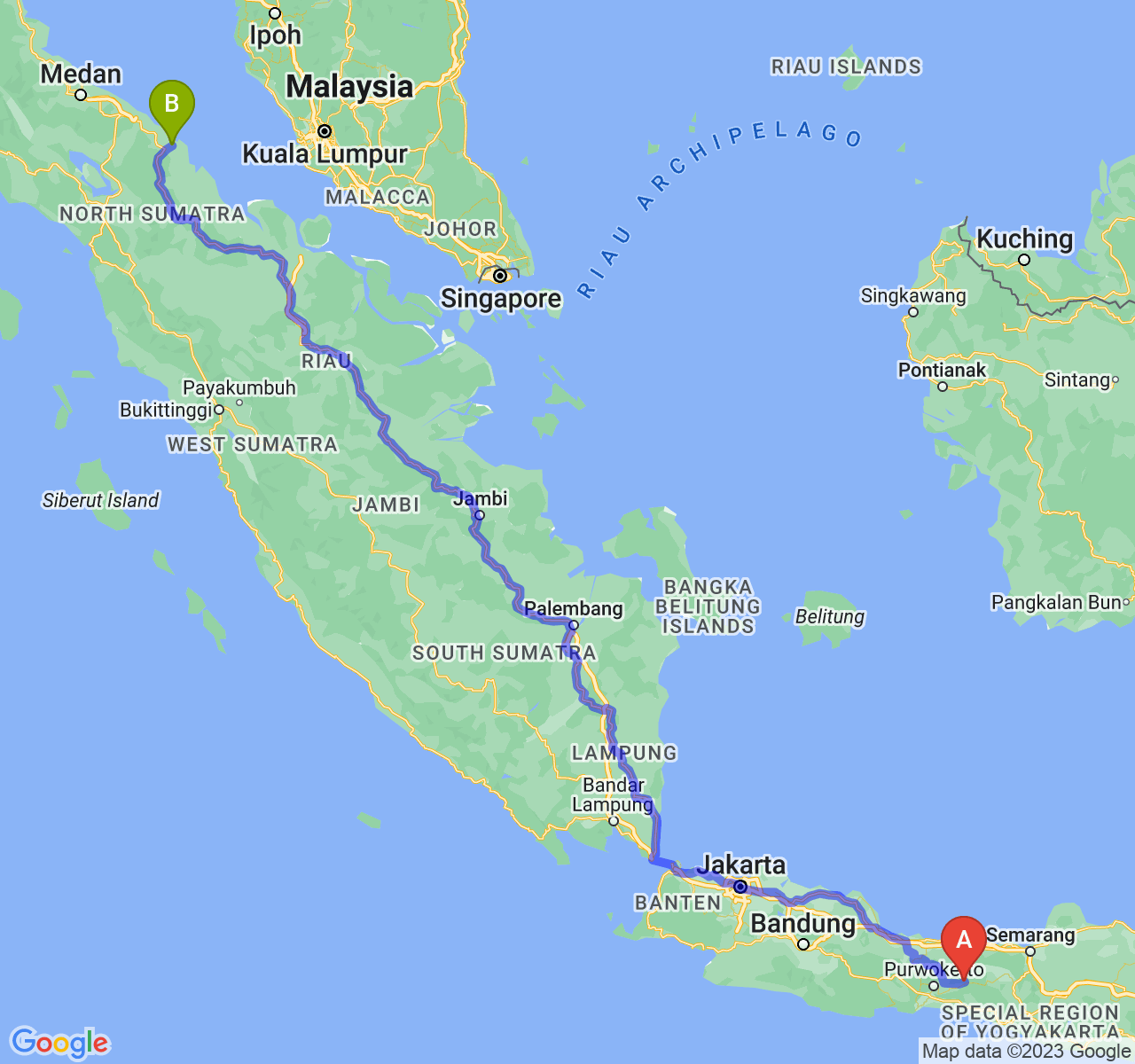 perjalanan dengan rute Kab. Banjarnegara-Kota Tanjung Balai