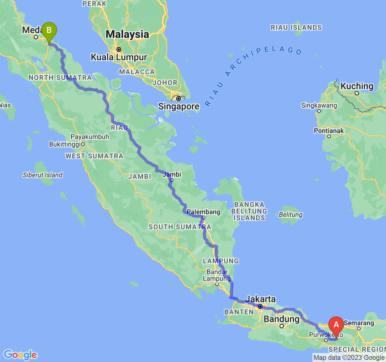 perjalanan dengan rute Kab. Banjarnegara-Kota Tebing Tinggi