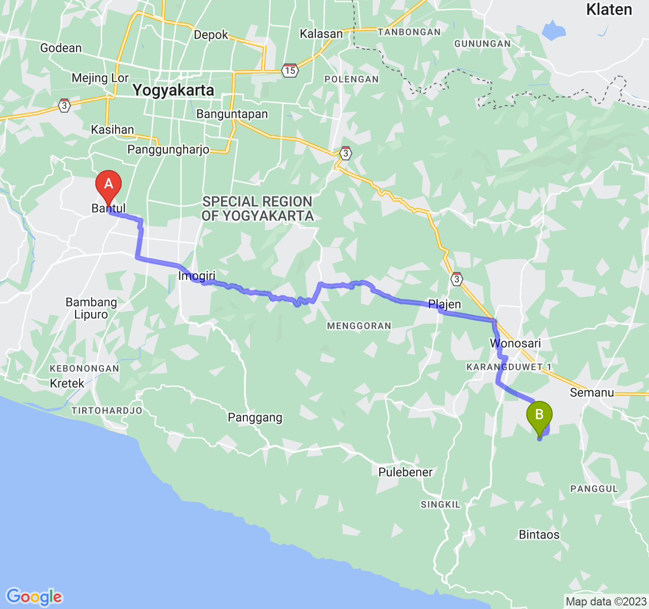 perjalanan dengan rute Kab. Bantul-Kab. Gunung Kidul