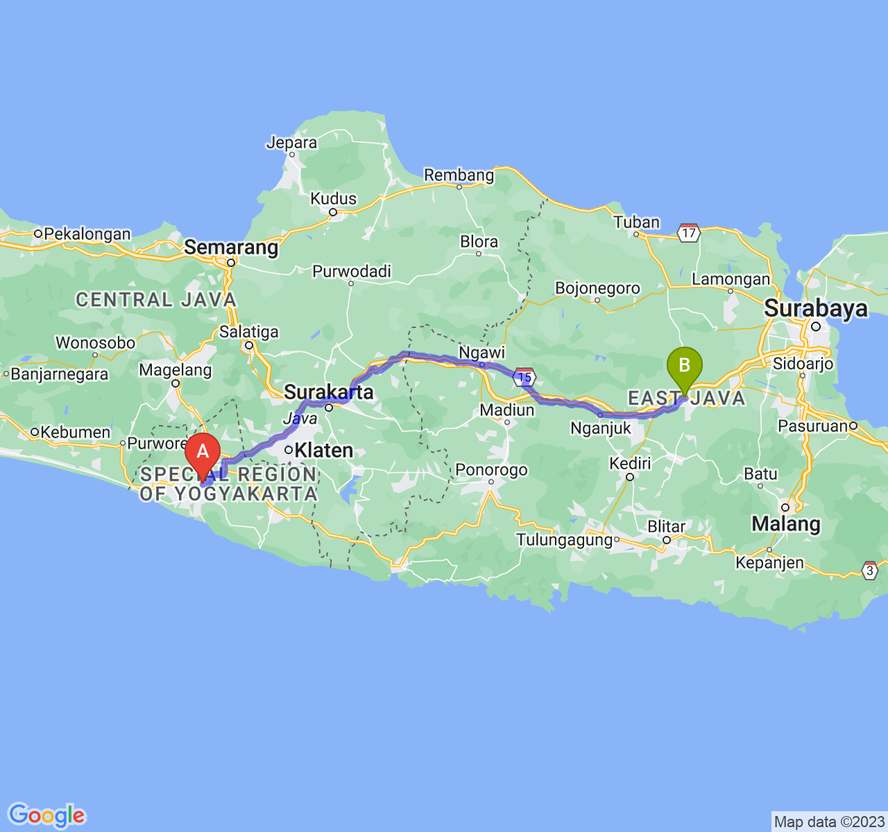 perjalanan dengan rute Kab. Bantul-Kab. Jombang