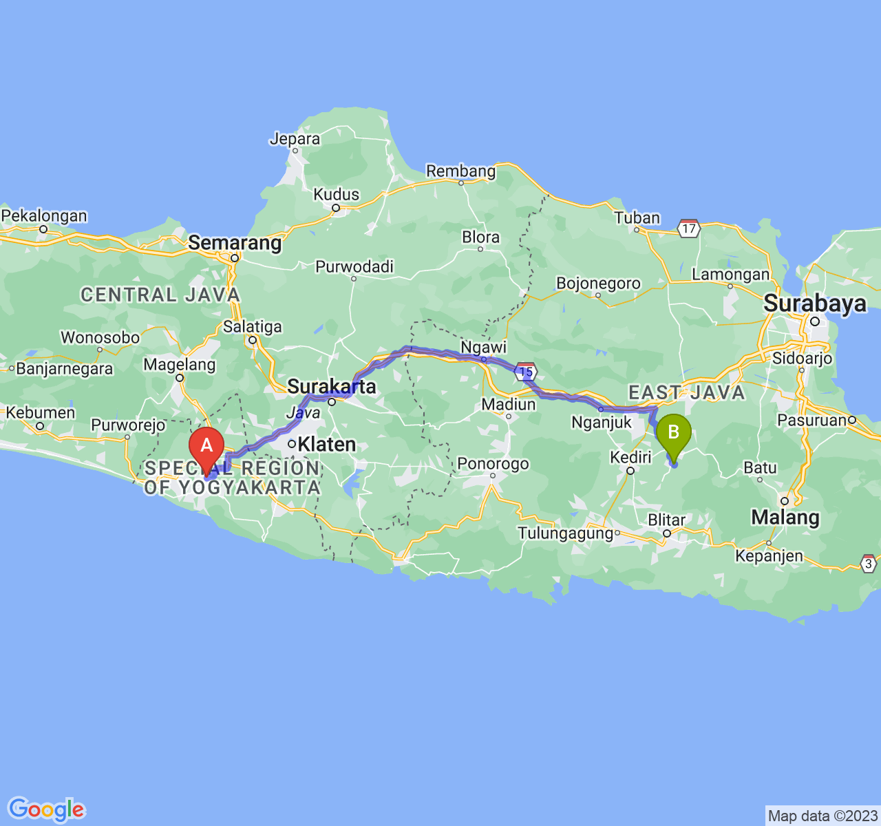 perjalanan dengan rute Kab. Bantul-Kab. Kediri