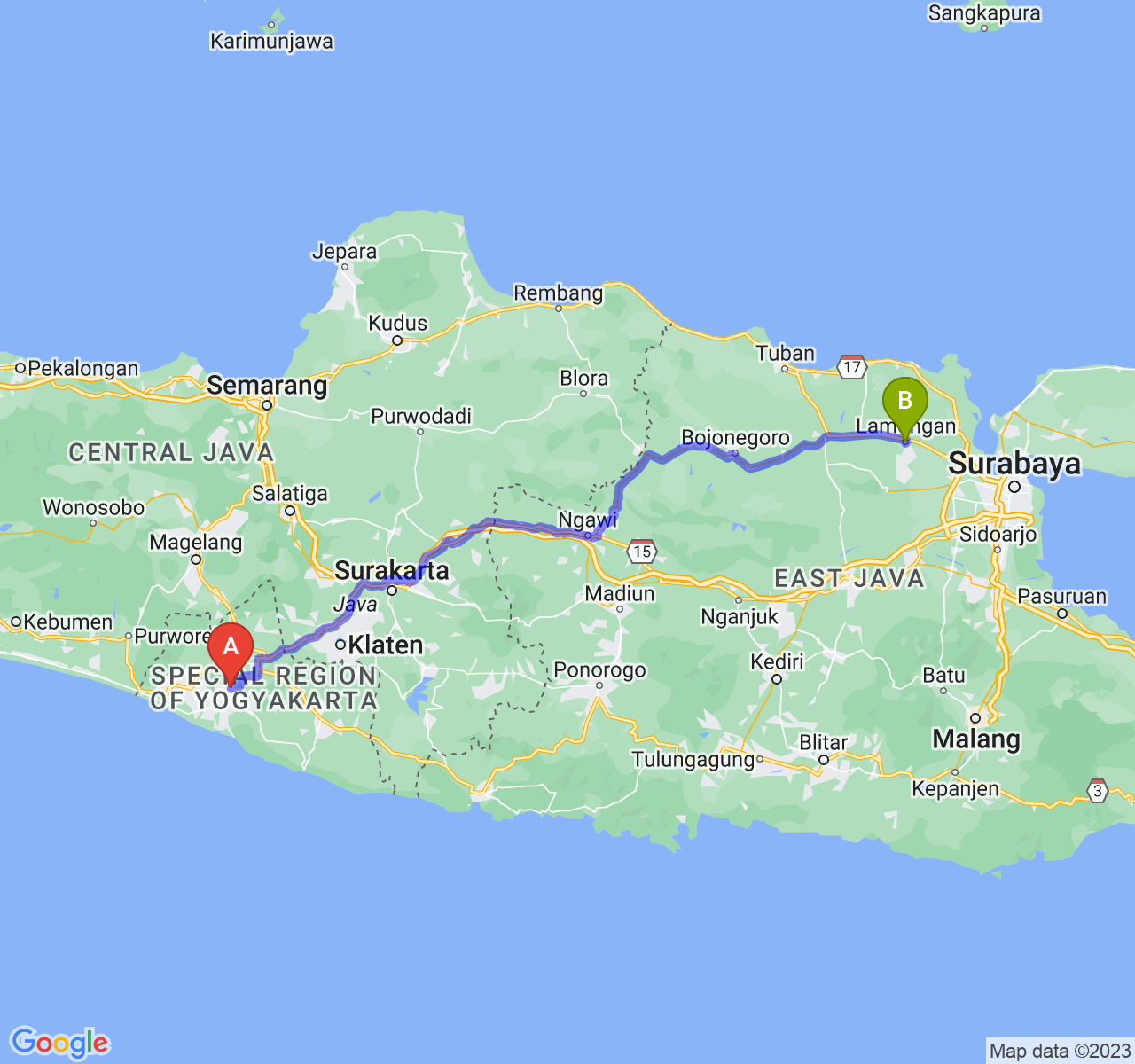 perjalanan dengan rute Kab. Bantul-Kab. Lamongan