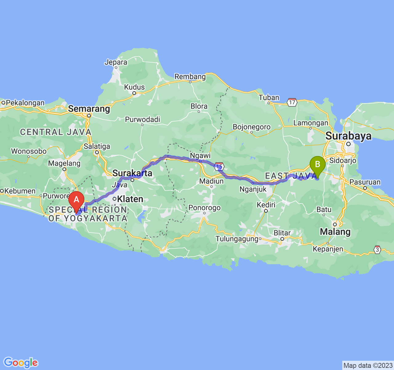 perjalanan dengan rute Kab. Bantul-Kab. Mojokerto