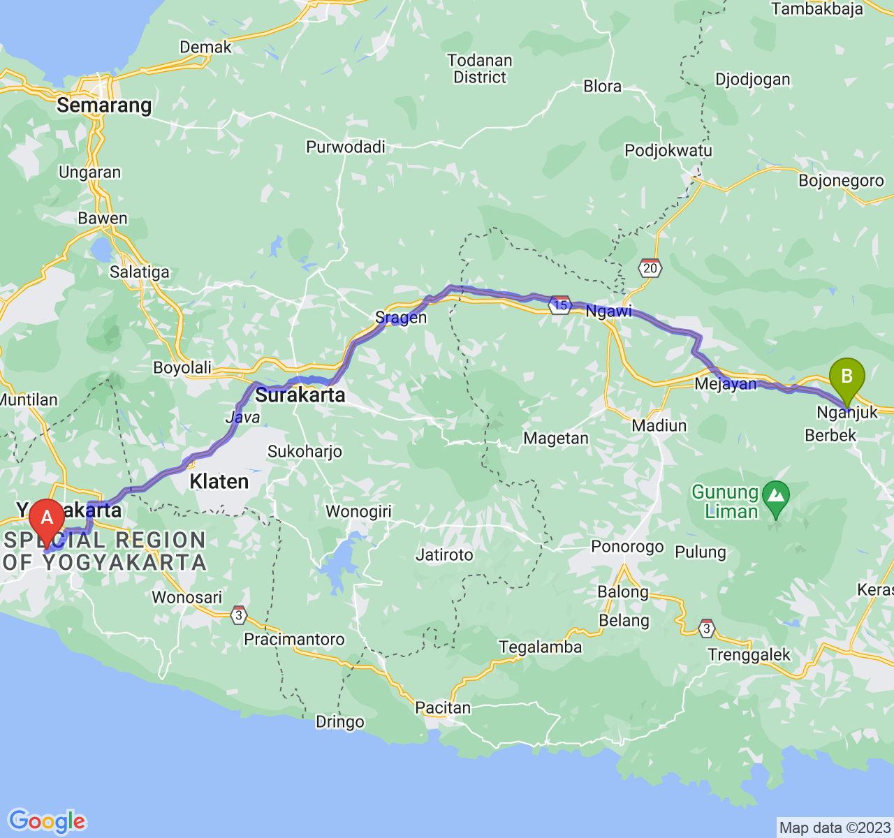 perjalanan dengan rute Kab. Bantul-Kab. Nganjuk