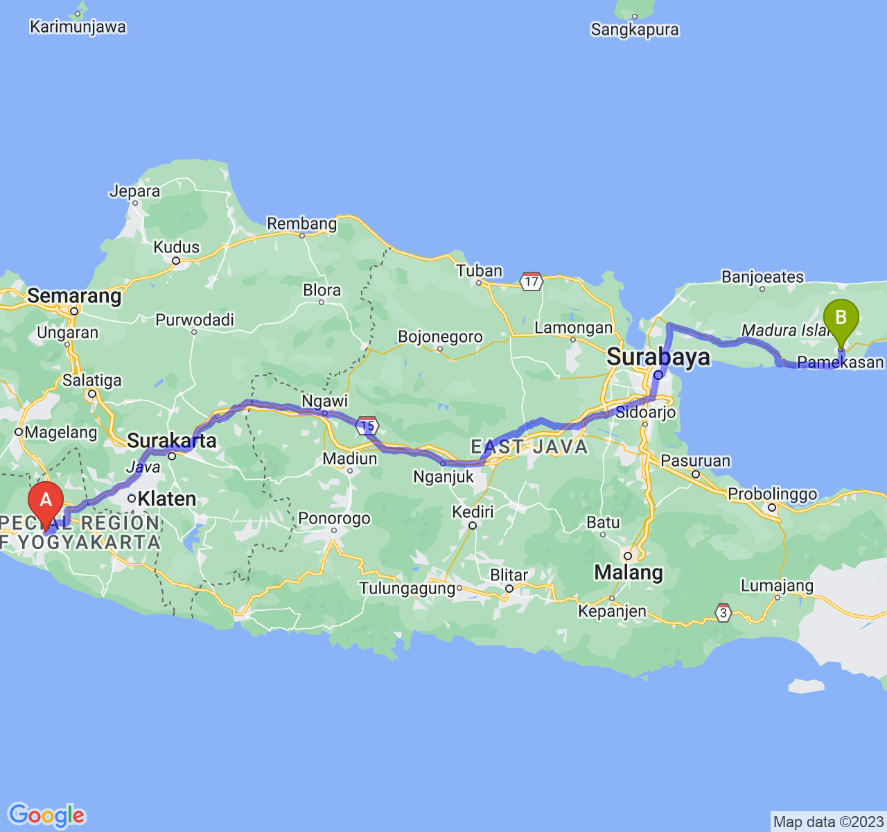 perjalanan dengan rute Kab. Bantul-Kab. Pamekasan