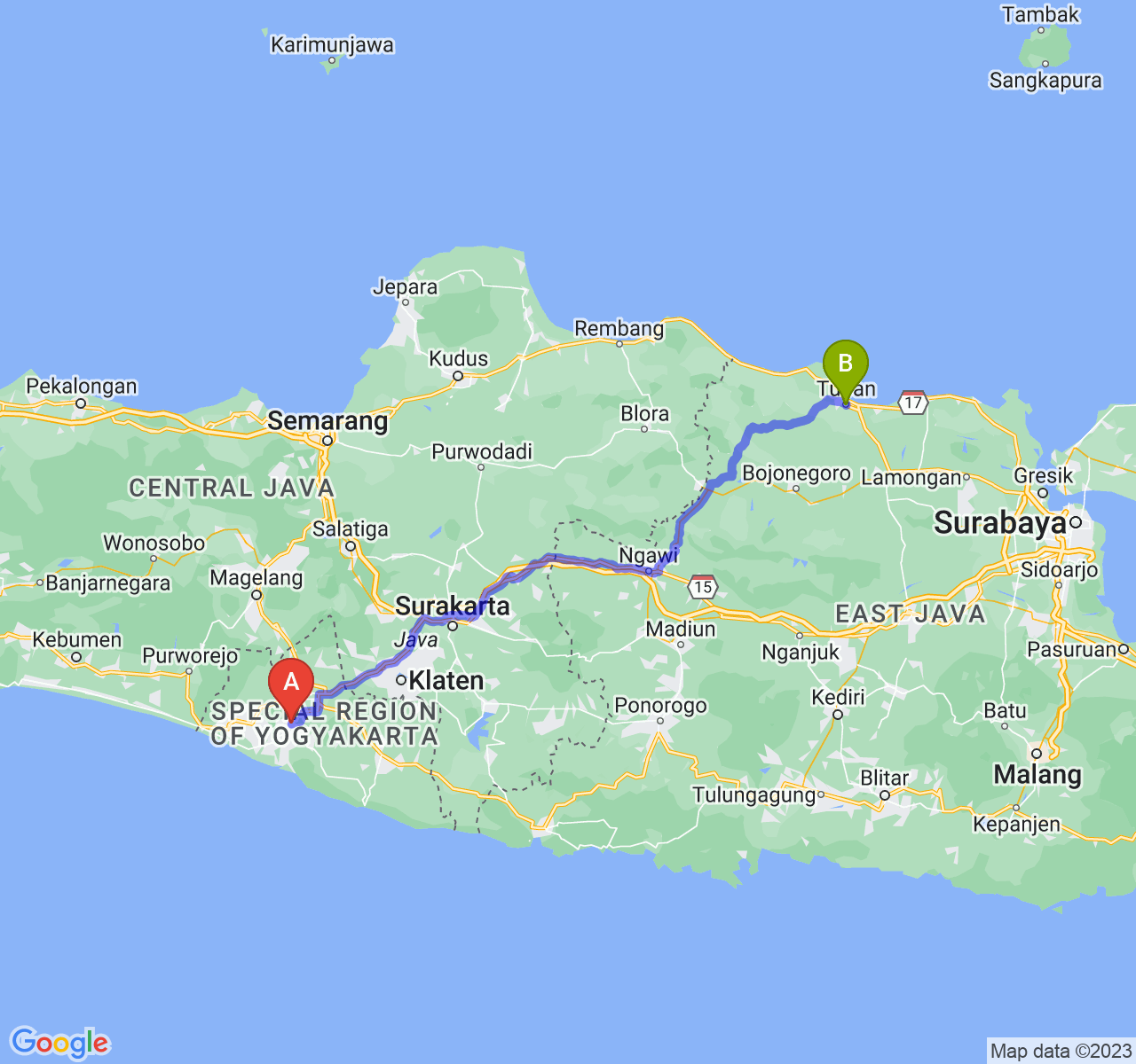 perjalanan dengan rute Kab. Bantul-Kab. Tuban